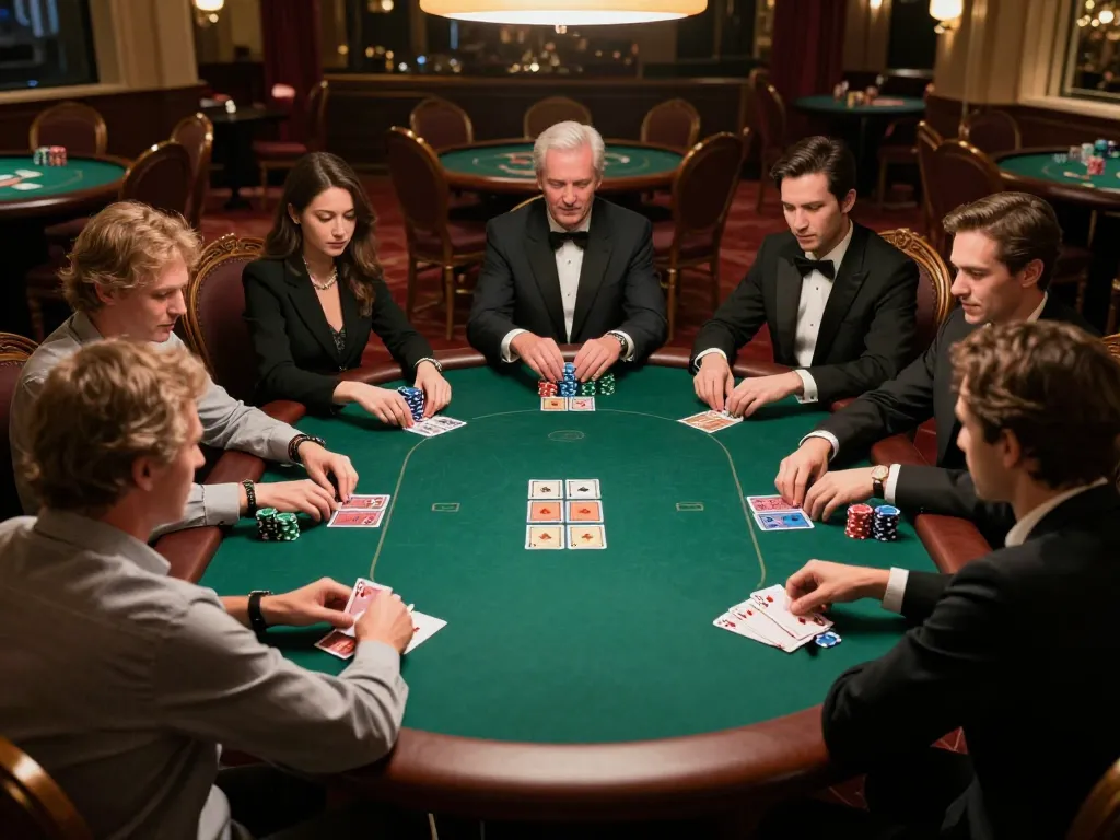 Kuwin players engaging in a thrilling poker game at an upscale casino table.