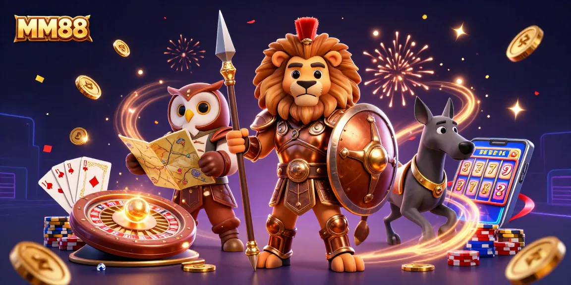 Experience the excitement of MM88 with spinning roulette and golden coins shining.