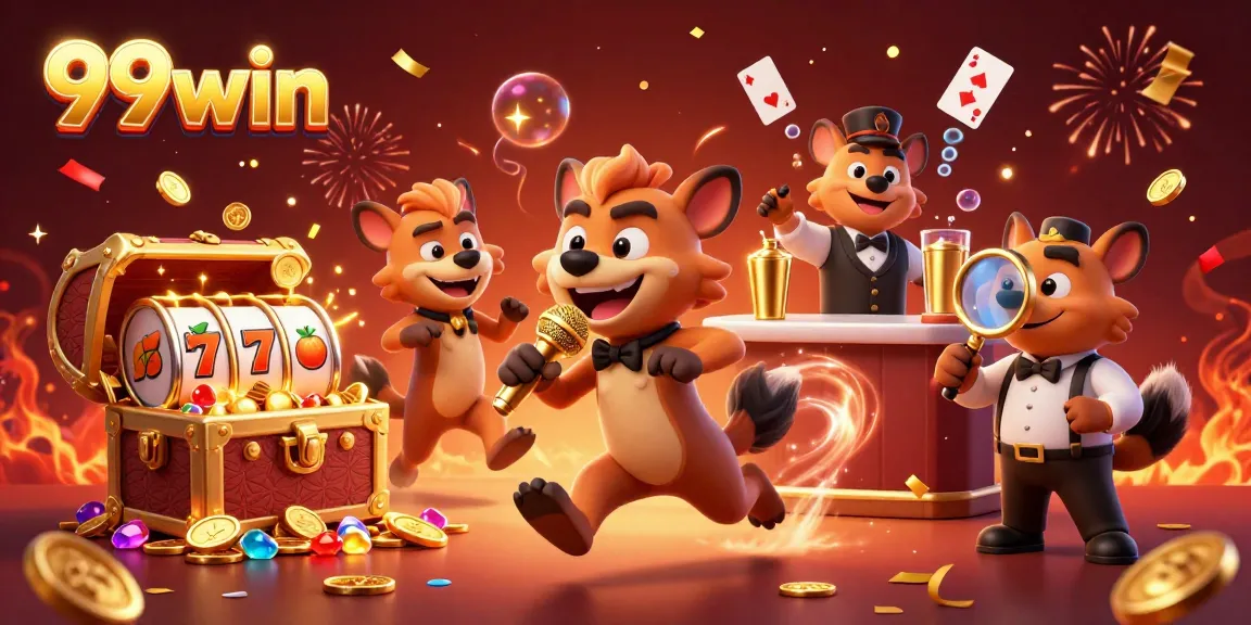 Engage in lively casino fun with 99win's animated hyenas performing comedy, mixing drinks, and checking IDs.