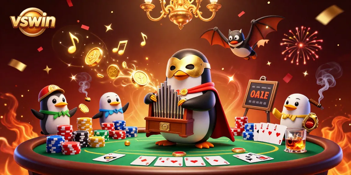 Engage in high-stakes poker action with vswin featuring a 3D cartoon penguin and acrobat.