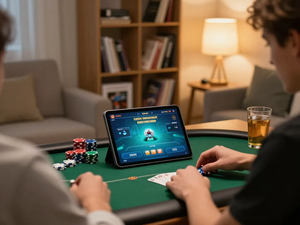 Good88 poker player enjoying engaging game session at home, showcasing online gambling atmosphere.