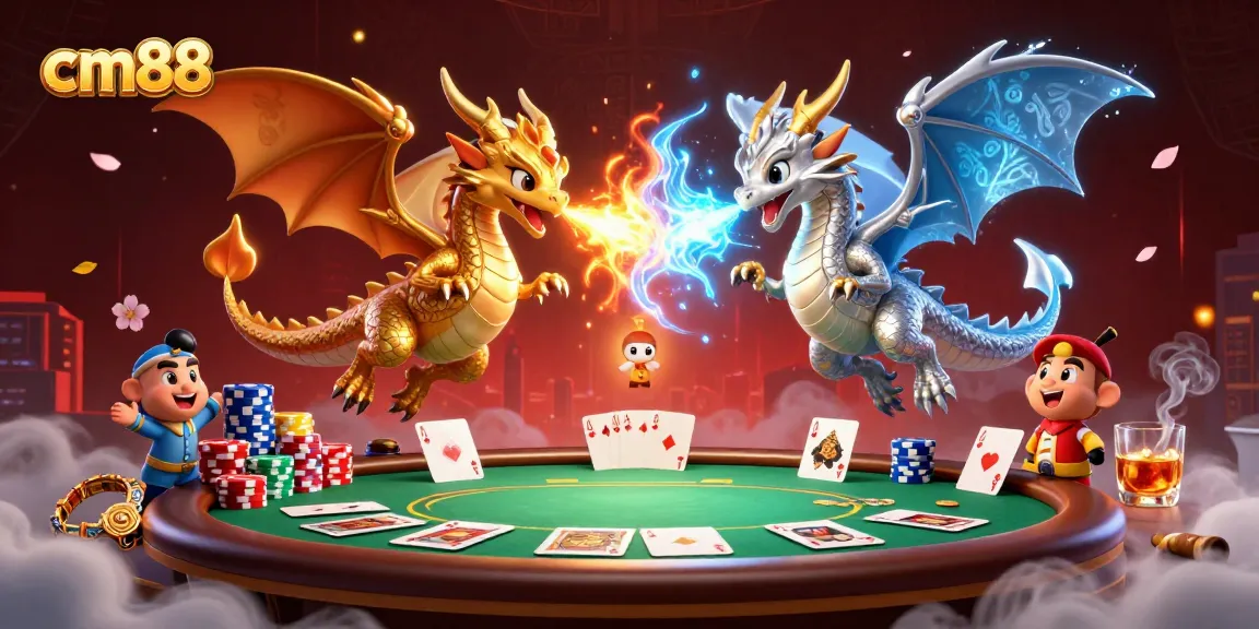 Experience dynamic gameplay at cm88 with a vibrant 3D casino scene featuring engaging dragons and poker elements.