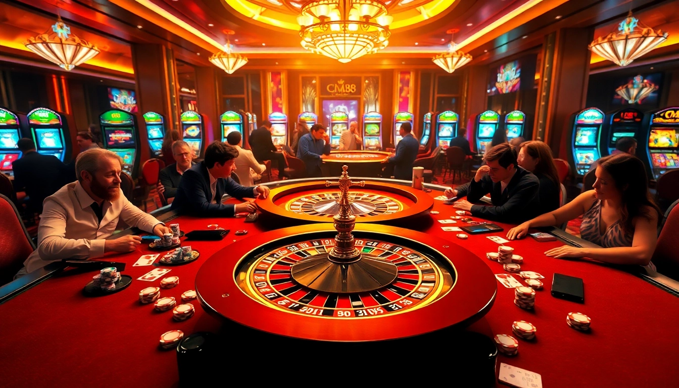 Experience the thrill of gambling at CM88 with a vibrant casino scene showcasing poker and roulette.