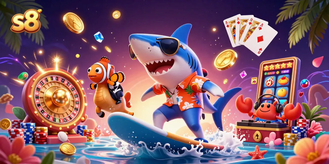 Engage with s8's vibrant casino scene featuring a shark surfer, lucky sevens, and dazzling prizes.