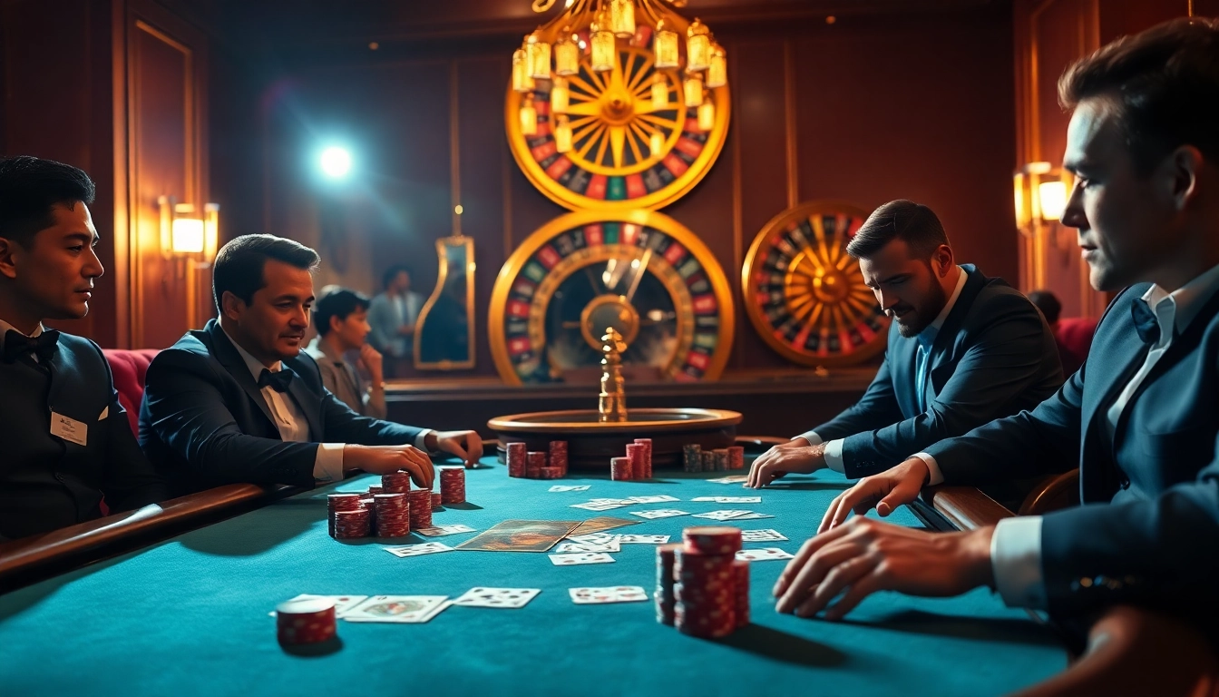 B52Club players engaging in a high-stakes poker game with colorful chips and elegant decor.