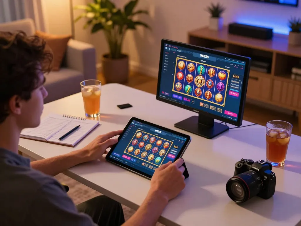 Player engaging with the VS555 Bangladesh casino app on tablet in a cozy home setting