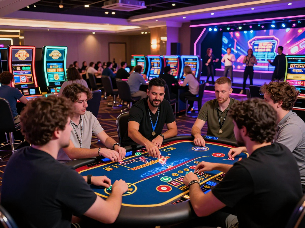 Engaged players experiencing a vibrant crypto casino atmosphere with high-tech gaming tables and live entertainment.