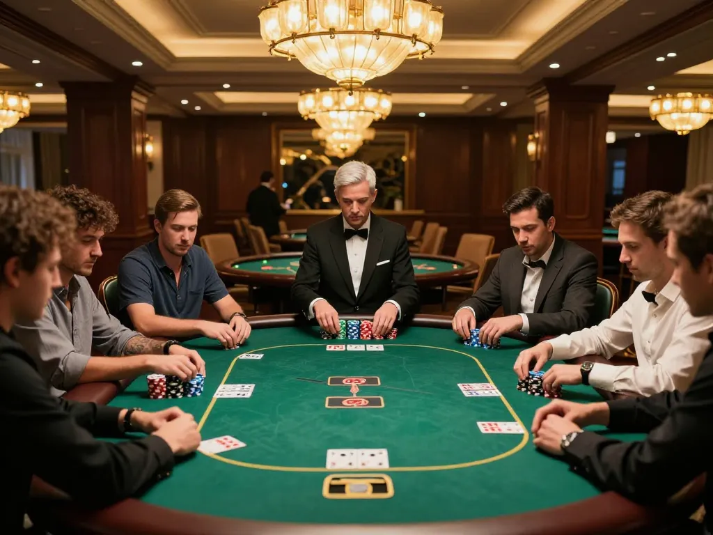 Players engaged in intense gameplay at 789Win's luxurious poker table, showcasing strategic betting.