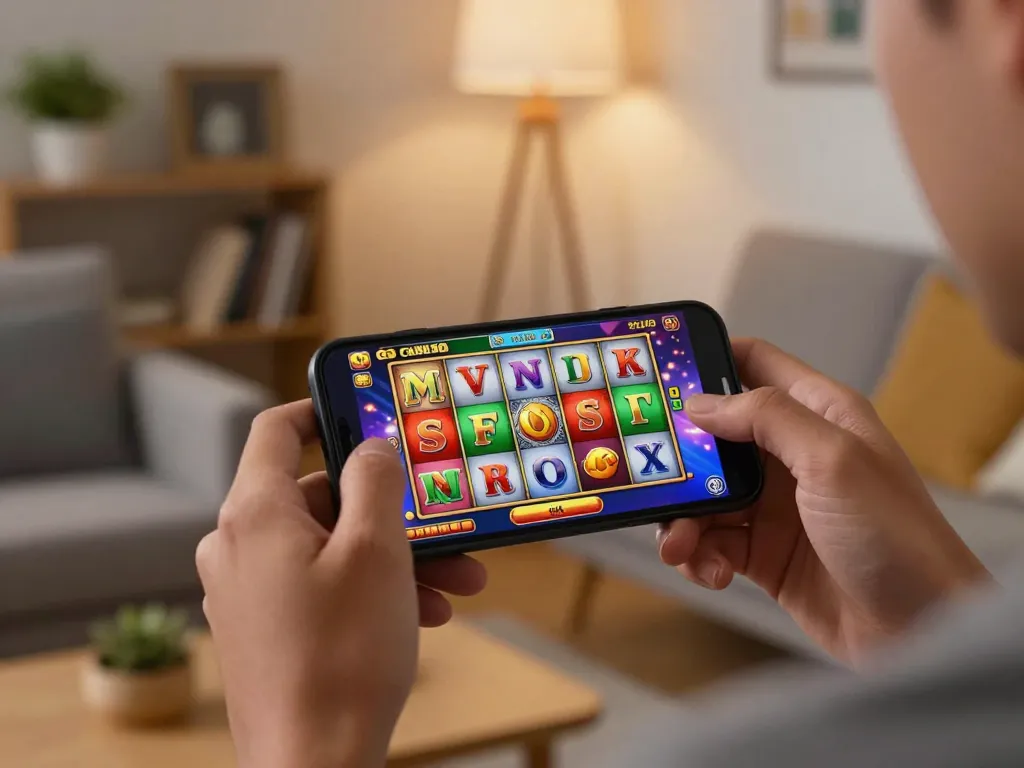 Player spinning slot gacor reels on smartphone, highlighting an exciting online gambling moment.