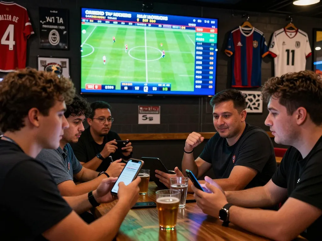 Enthusiastic bettors analyzing Tỷ lệ cược updates in a lively sports bar.