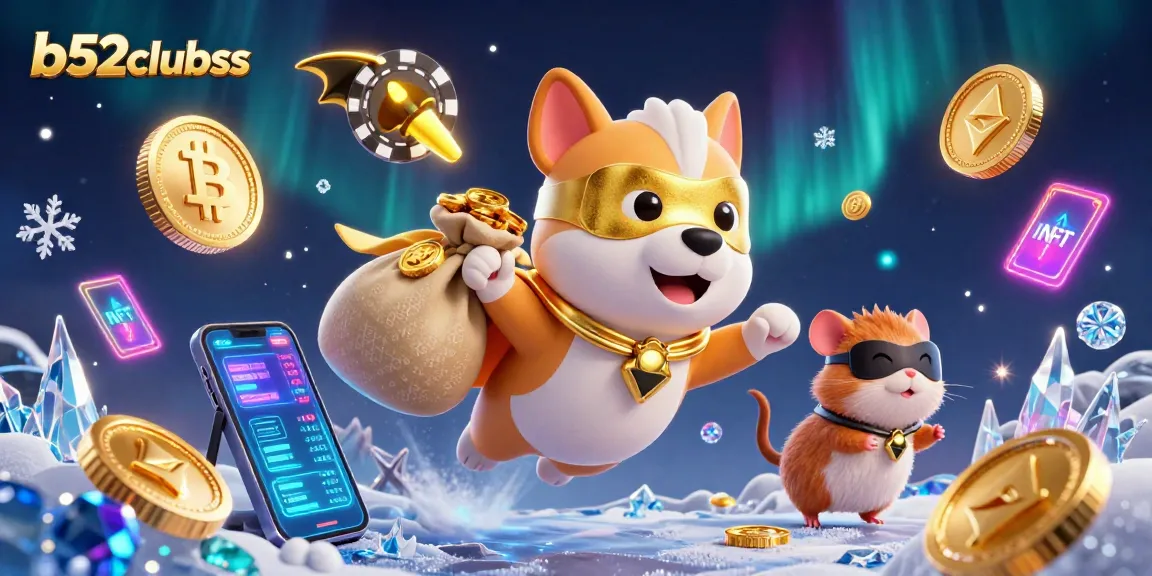 Engage with b52clubss while winning big with a superhero dog and hamster amidst crypto coins and casino elements.