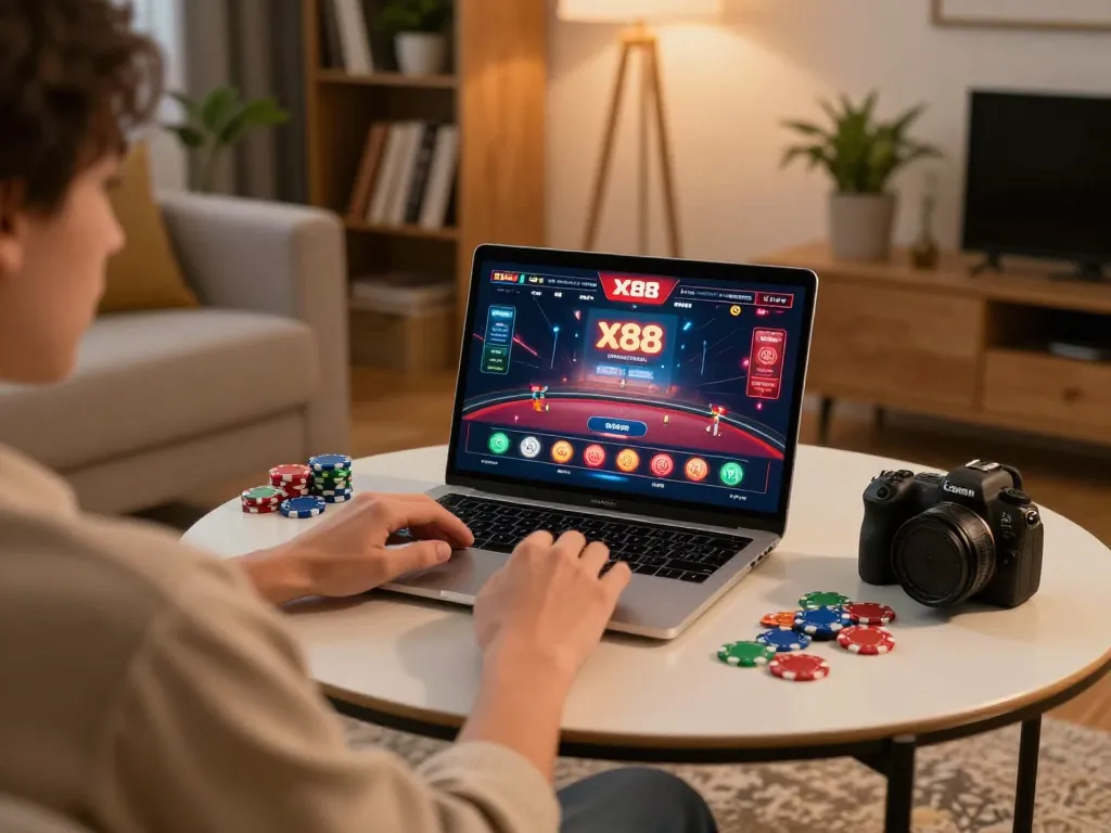 Person engaged in online poker at x88 casino, focusing on gameplay strategy in a cozy home setting.
