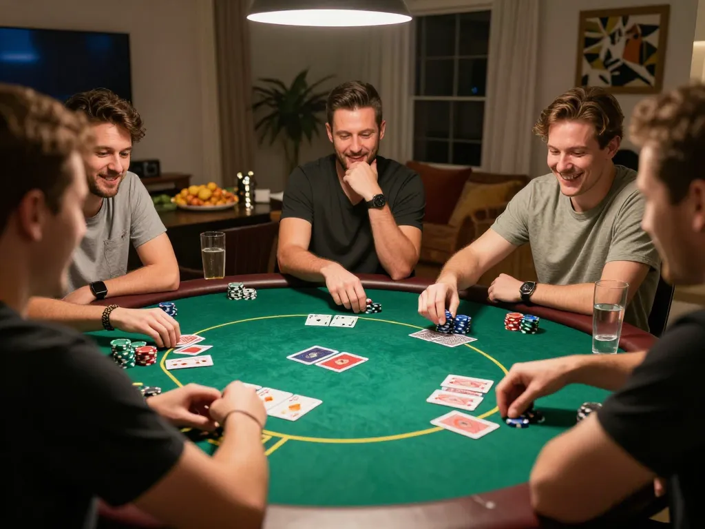 The friends strategize their next move while playing poker at home, inspired by https://fabet.credit/ for expert gaming insights.