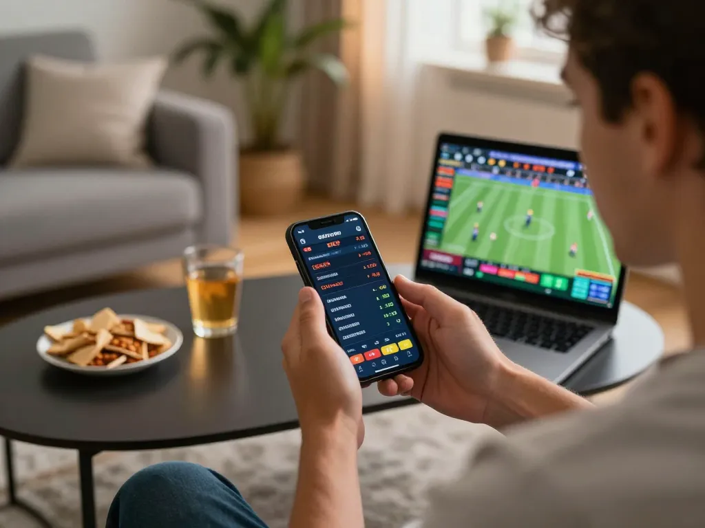 Player engaging in sports betting using sc88 app on smartphone in modern living room.