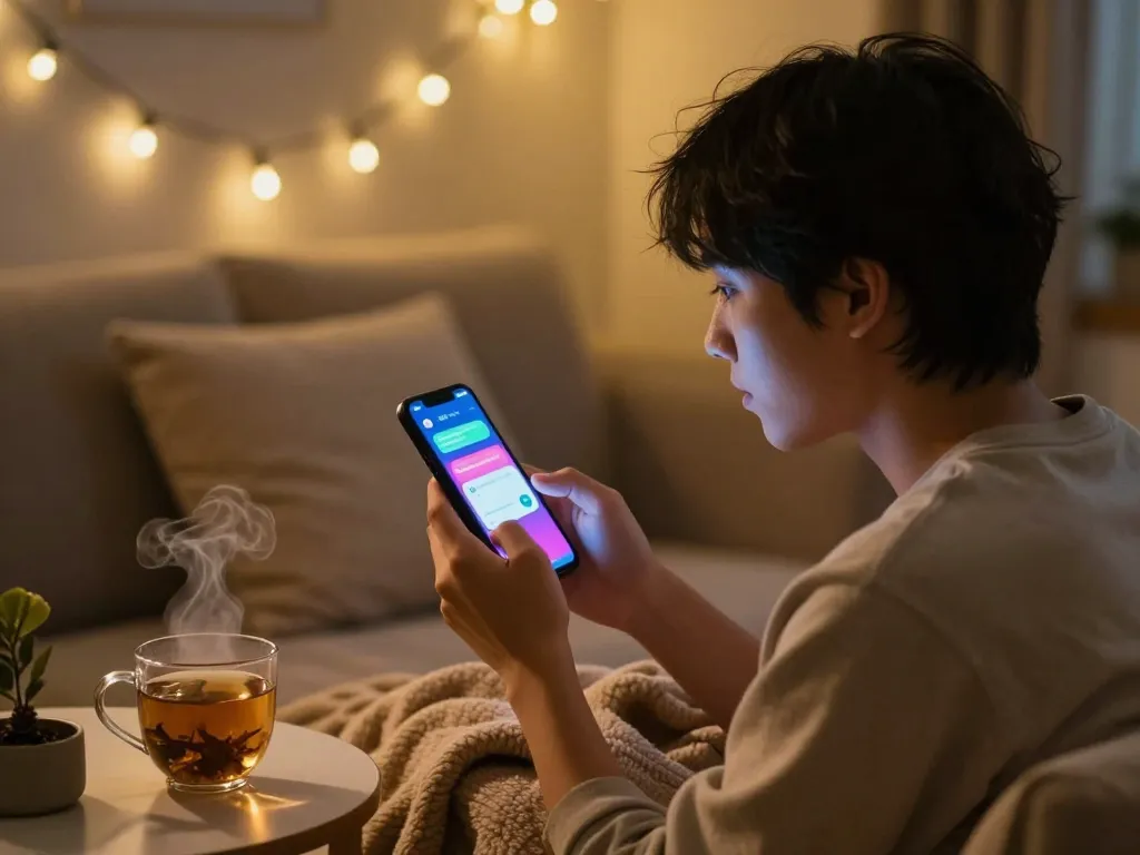 Engaging in ai sex chat on smartphone in a cozy, inviting atmosphere.