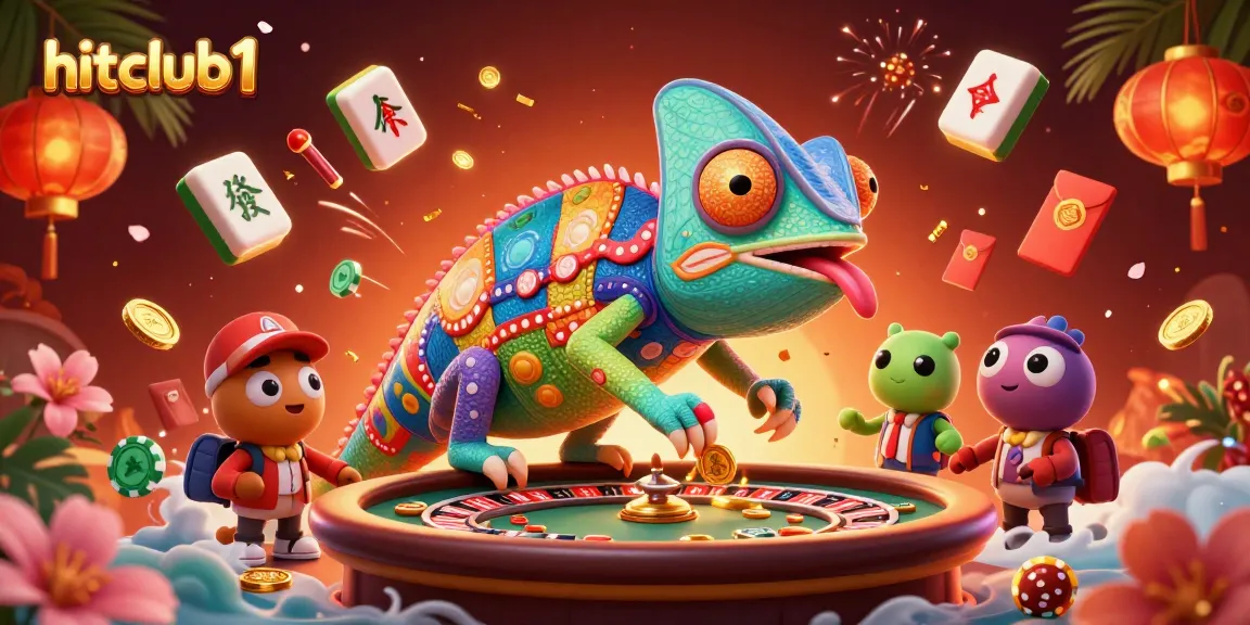 Engage in thrilling gameplay at hitclub1 with vibrant casino scenes, colorful chameleon, and festive decorations.