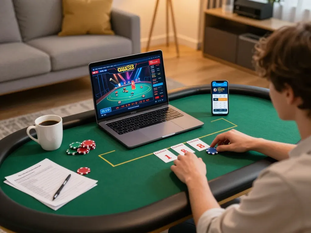 Engage in thrilling poker gameplay at home with uu88's online casino setup.