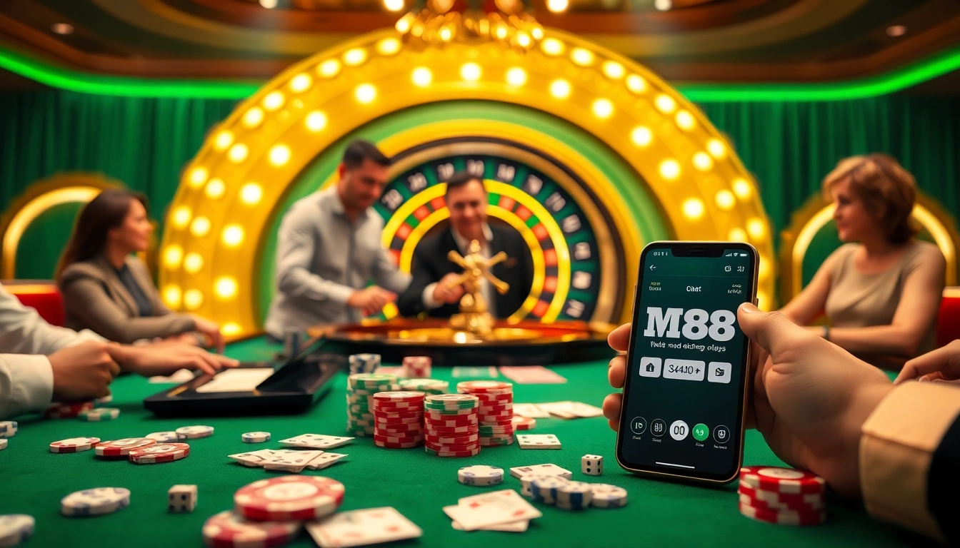 Gamblers enjoying a thrilling poker game at MV88 casino, highlighting excitement and luxury.