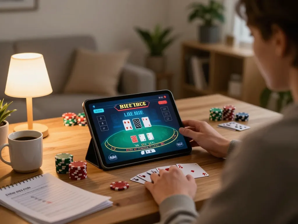 Engaging in live dealer blackjack on tt88.com with strategy notes in a cozy home setting