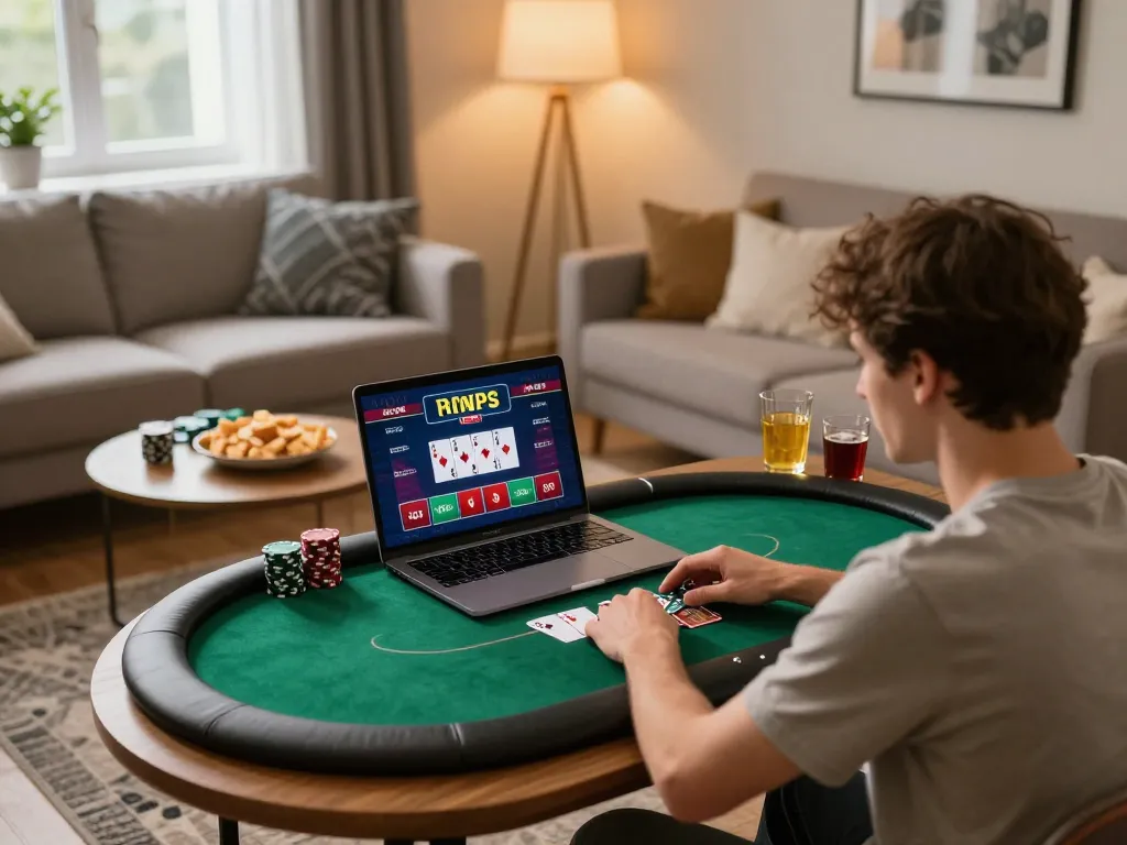 Engaging in a strategic poker game on stepballl at home with snacks and warm lighting