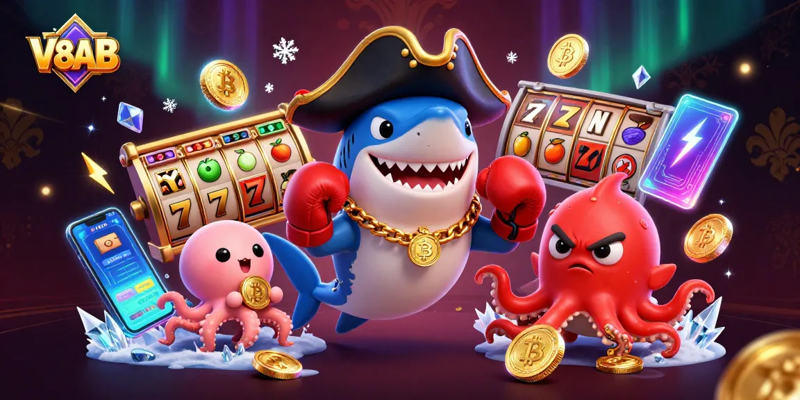 Spin jackpots at V8AB with exciting characters in a colorful casino scene.