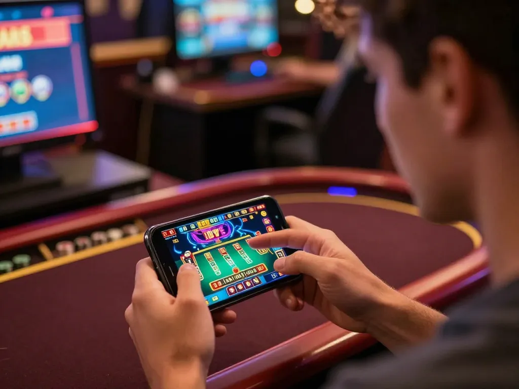 Player on smartphone enjoying fb88 live dealer game interface, vibrant graphics, engaging atmosphere.