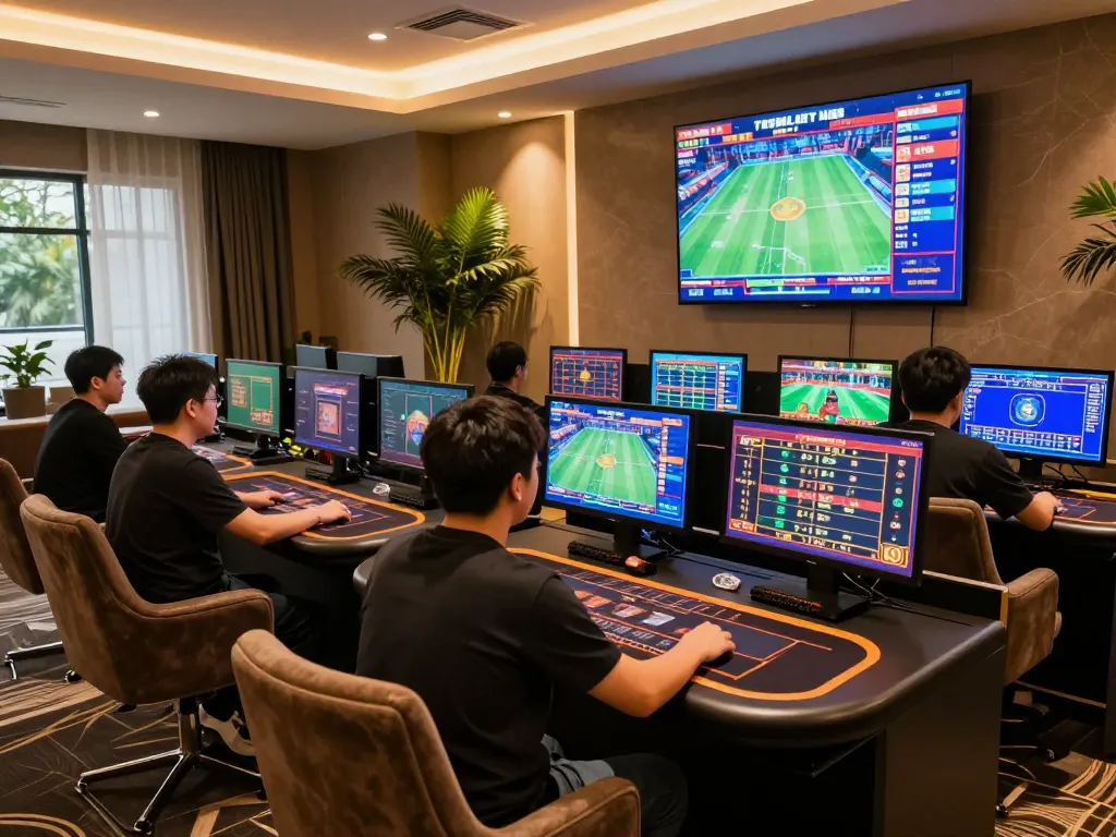 good88 player strategizing with multiple screens in a luxurious online gaming setup