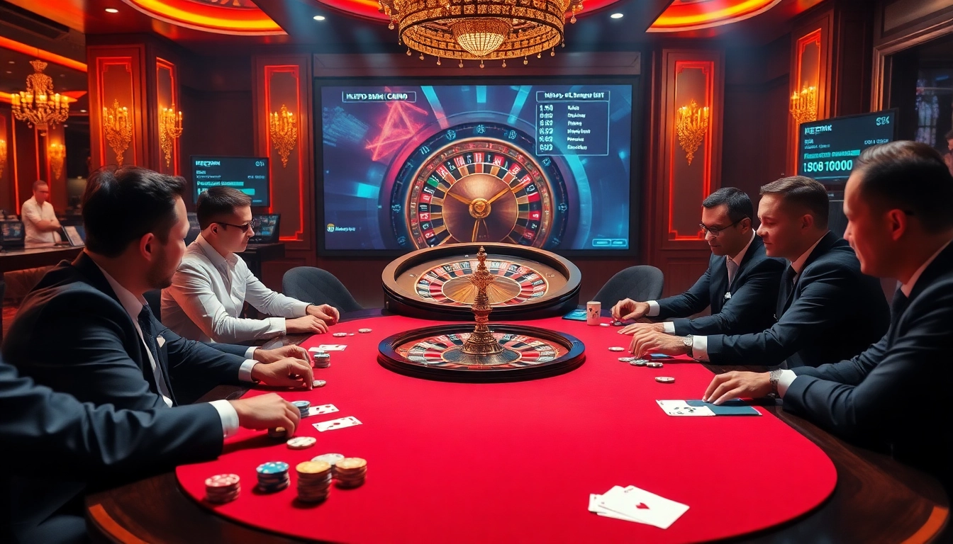 Engaging poker players at a casino table with a high-tech atmosphere representing https://debet.jp.net/.