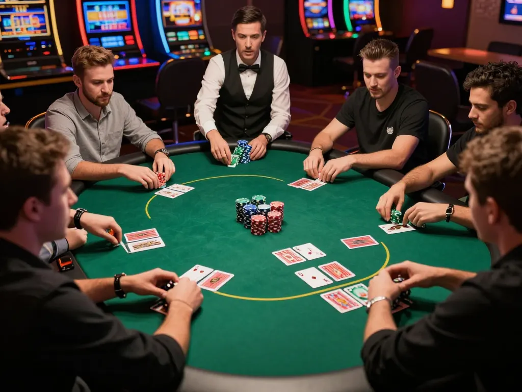 OnBet players engaging in intense poker gameplay at a casino table, showcasing excitement and strategy.