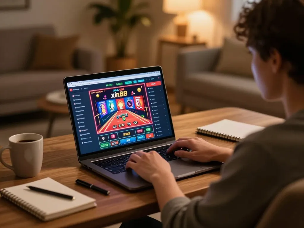 Engaging in online gambling at nhà cái xin88 with dynamic betting interface and cozy home setup.