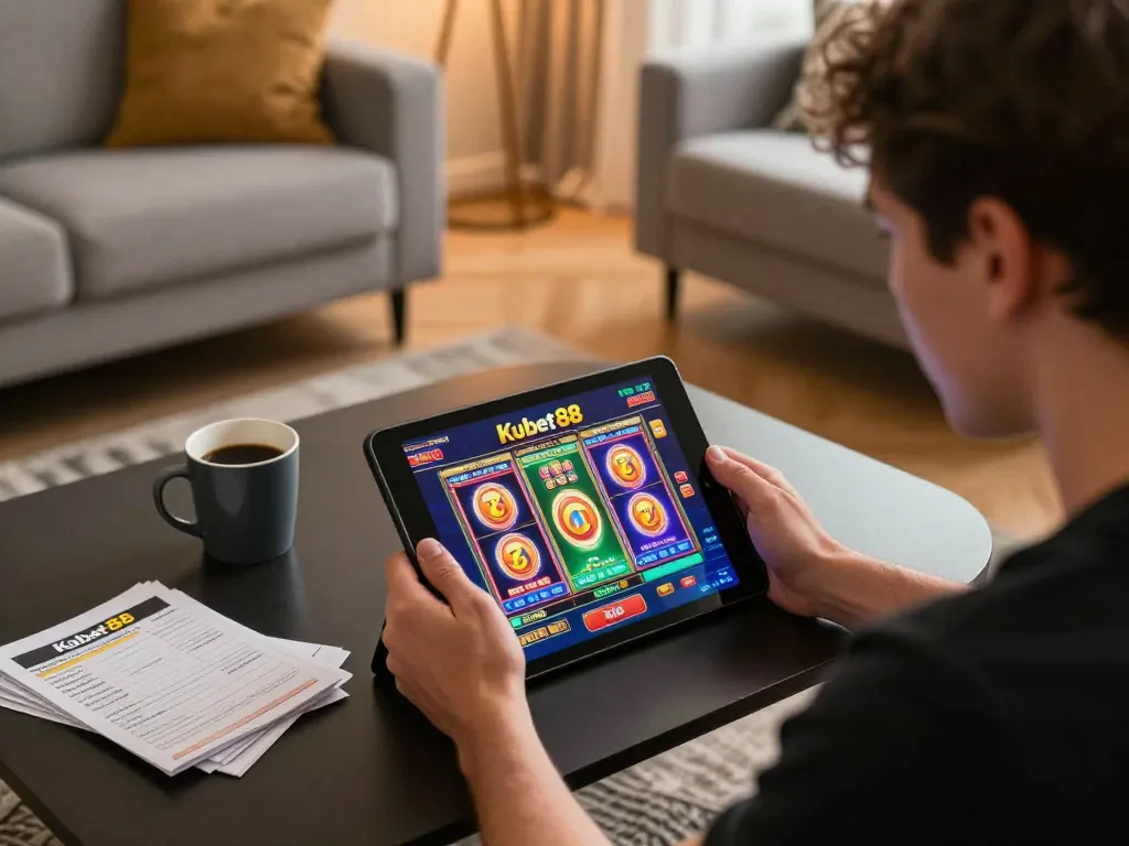 Kubet88 player engaging on tablet for online casino slots in a cozy home setting