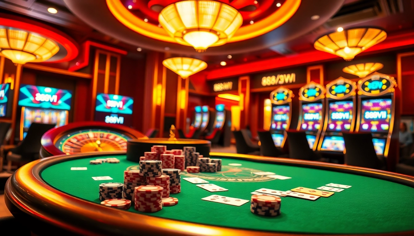 Experience the thrill of 888VI with vibrant casino action at a poker table.