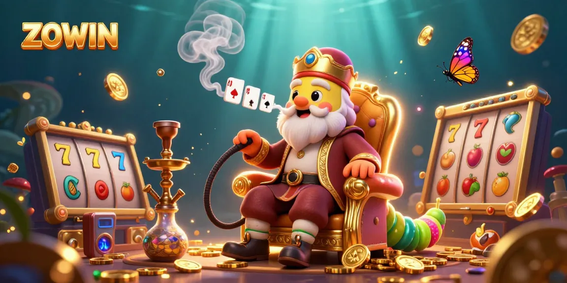 ZOWIN entices players with an exciting 3D illustration of a caterpillar hookah-master amidst vibrant slot symbols.