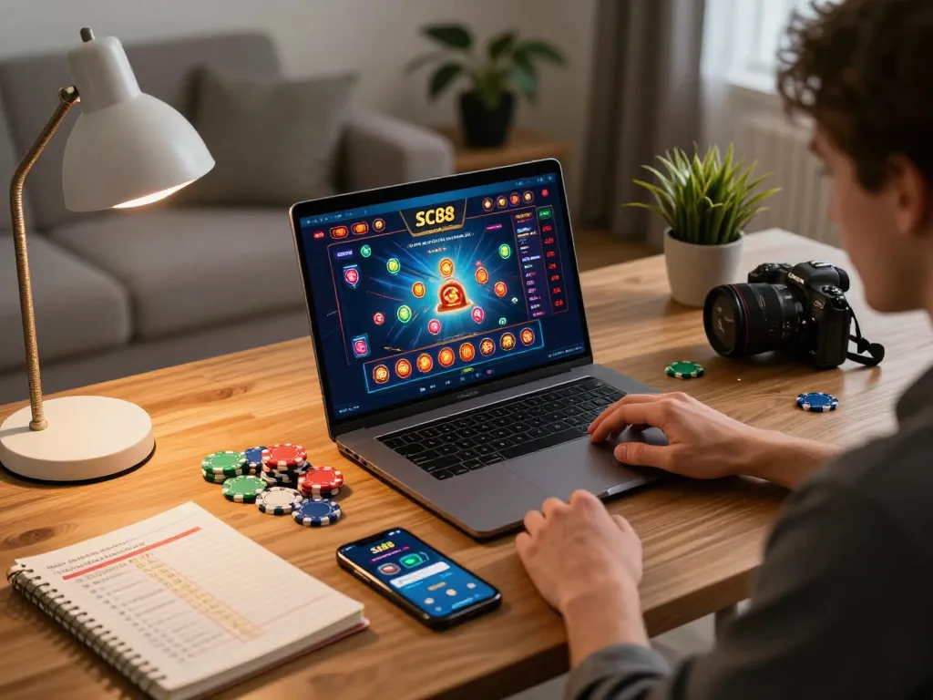 Engaging in online gaming at sc88 with vibrant game graphics and strategic betting notes.