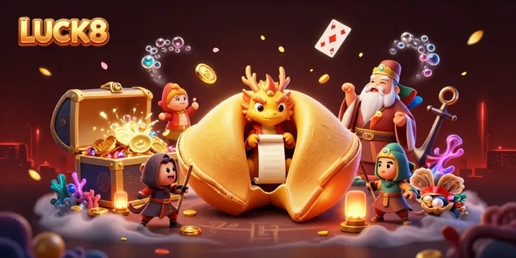 Engage with the vibrant LUCK8 casino world through a captivating 3D illustration showcasing a dynamic scene of fortune and excitement.