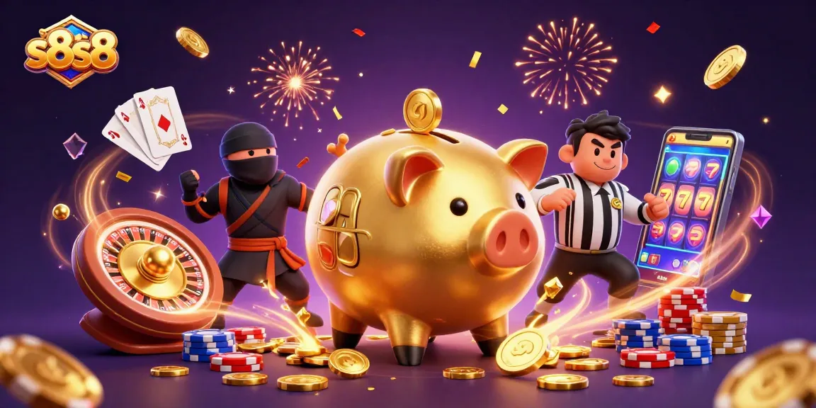 Experience excitement with s8s8 as the golden piggy bank sumo wrestler brings luck in a colorful casino scene.