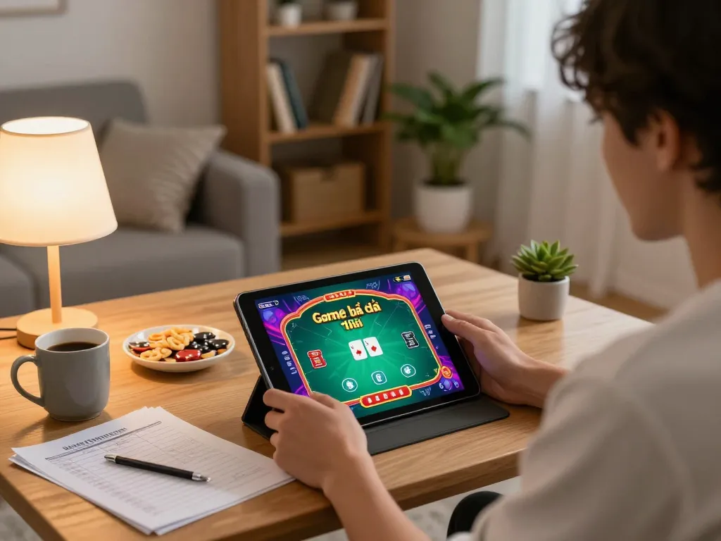 Engaging in Game bài đổi thưởng with a cozy tablet setup in a personal space, making tactical betting decisions.