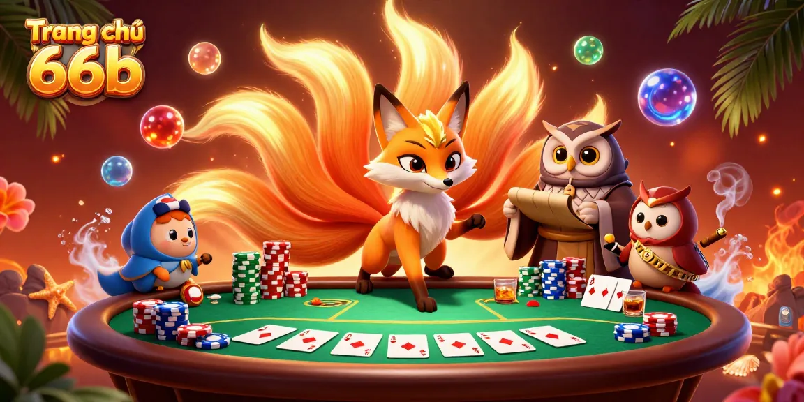 Engage with the vibrant, colorful scene of Trang chủ 66b, featuring dynamic poker action and mystical characters.