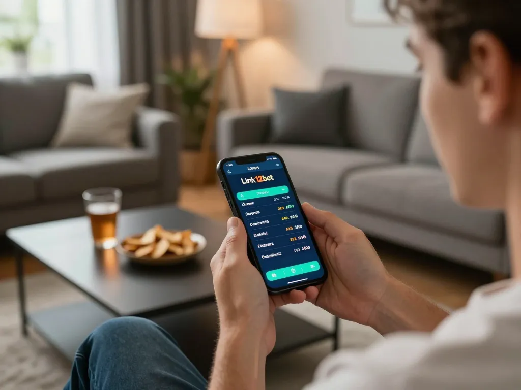 Người sử dụng ứng dụng Link 12bet trên smartphone trong không gian ấm cúng tại nhà, nhấn mạnh vào cờ bạc trực tuyến