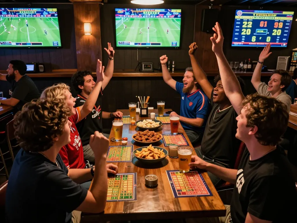 Fans engaging in debet sports betting at a lively bar, cheering for winning wagers, vibrant atmosphere