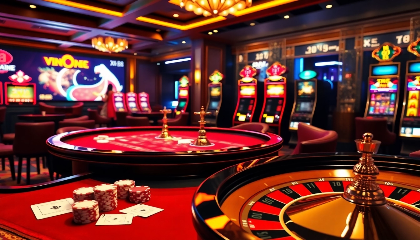 Xin88 casino scene with vibrant slot machines and poker chips emphasizing high stakes.