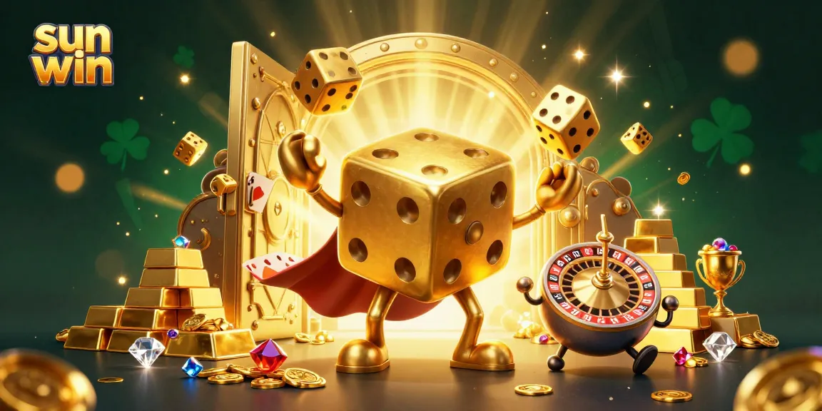 Experience the excitement with sun win in this vibrant 3D illustration of a golden dice golem and enchanting casino elements.