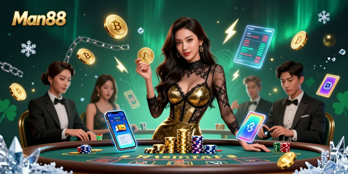 Man88 showcases an exclusive baccarat experience with glamorous players and vibrant crypto elements.