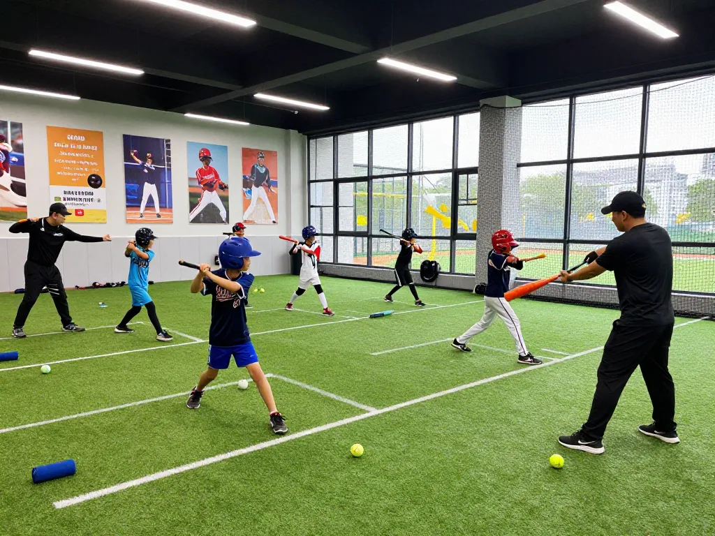 Young athletes training at hitclub's modern indoor baseball facility, showcasing commitment and teamwork.