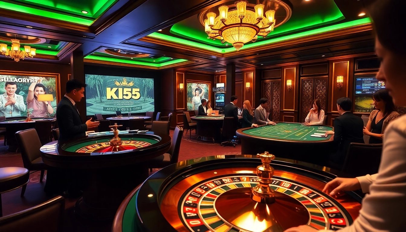 Join the excitement at KK55 with poker chips and live roulette in a luxurious casino scene.