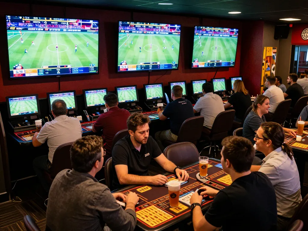Fabet gamblers actively betting on sports at a lively lounge with large screens.