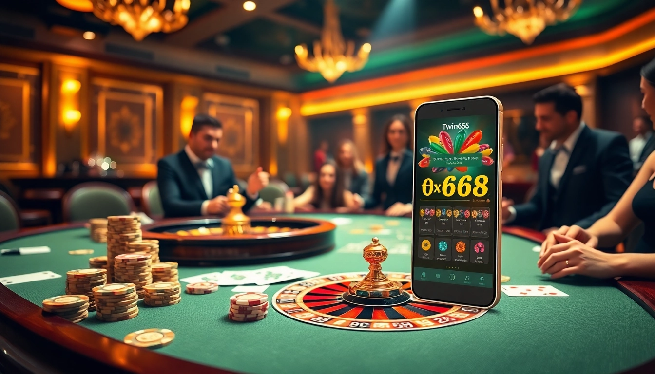 Players engaging in thrilling games with Twin68 apk showcased on a smartphone in a luxurious casino.