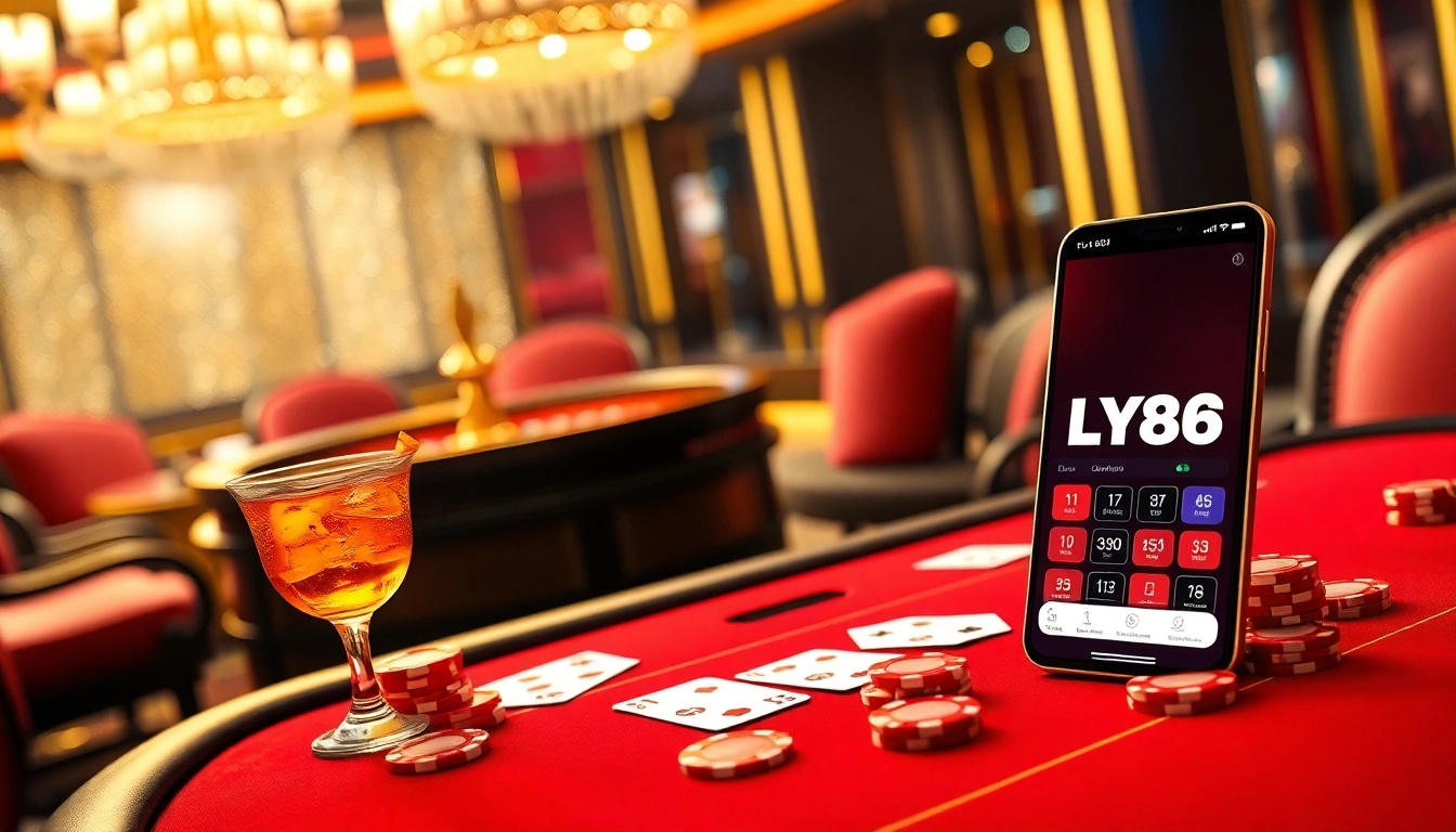 Engaging scene of FLY88 poker table with vibrant chips and elegant decor, capturing the casino thrill.
