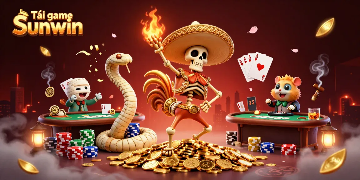 Tải game Sunwin through a vibrant 3D casino scene with colorful characters and poker elements.