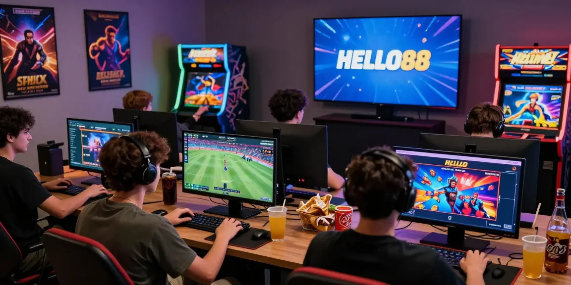 Players enjoying HELLO88 gaming with diverse games in a lively room atmosphere
